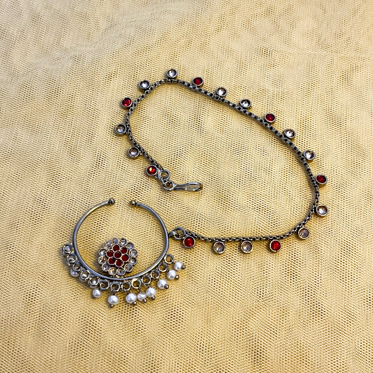 Ruby Pearl Nosepin with Chain — Traditional Elegance, Refined
