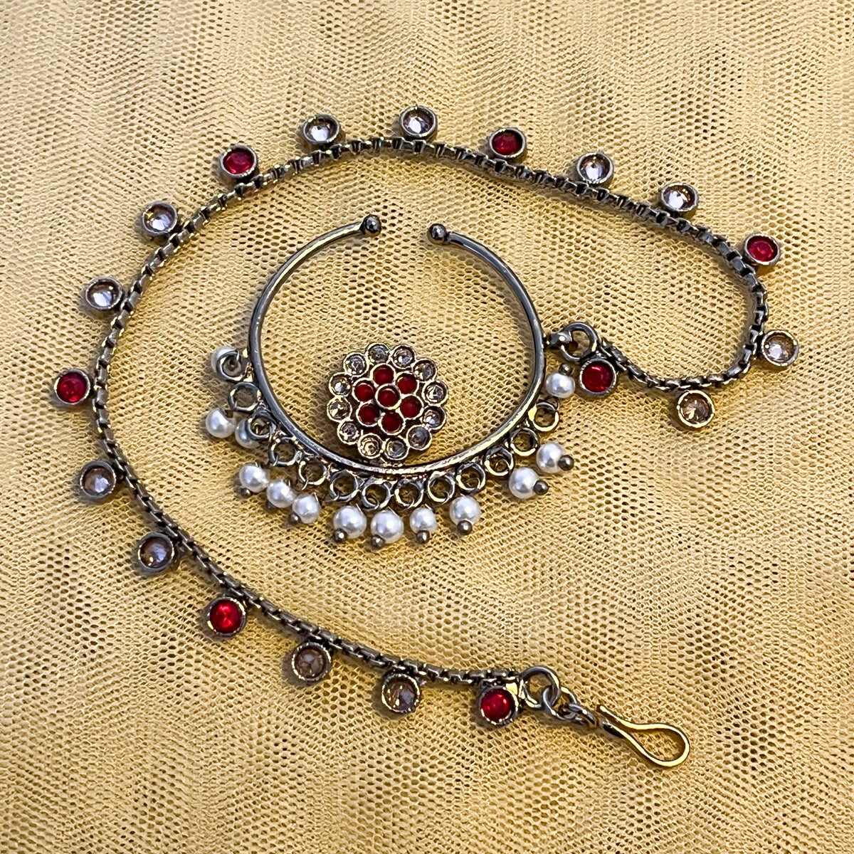 Ruby Pearl Nosepin with Chain — Traditional Elegance, Refined